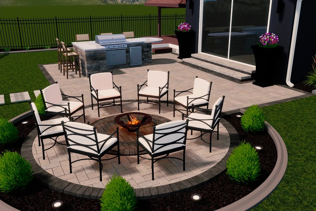 Outdoor patio with chairs around fire pit.