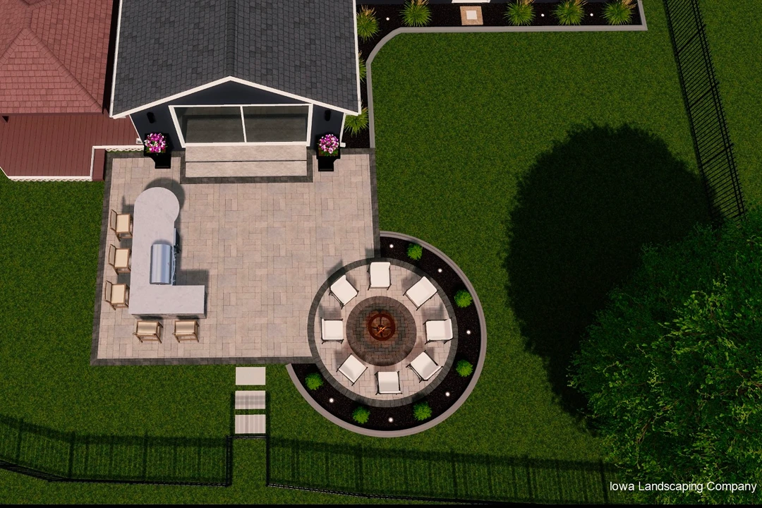 Backyard patio with a round fire pit.
