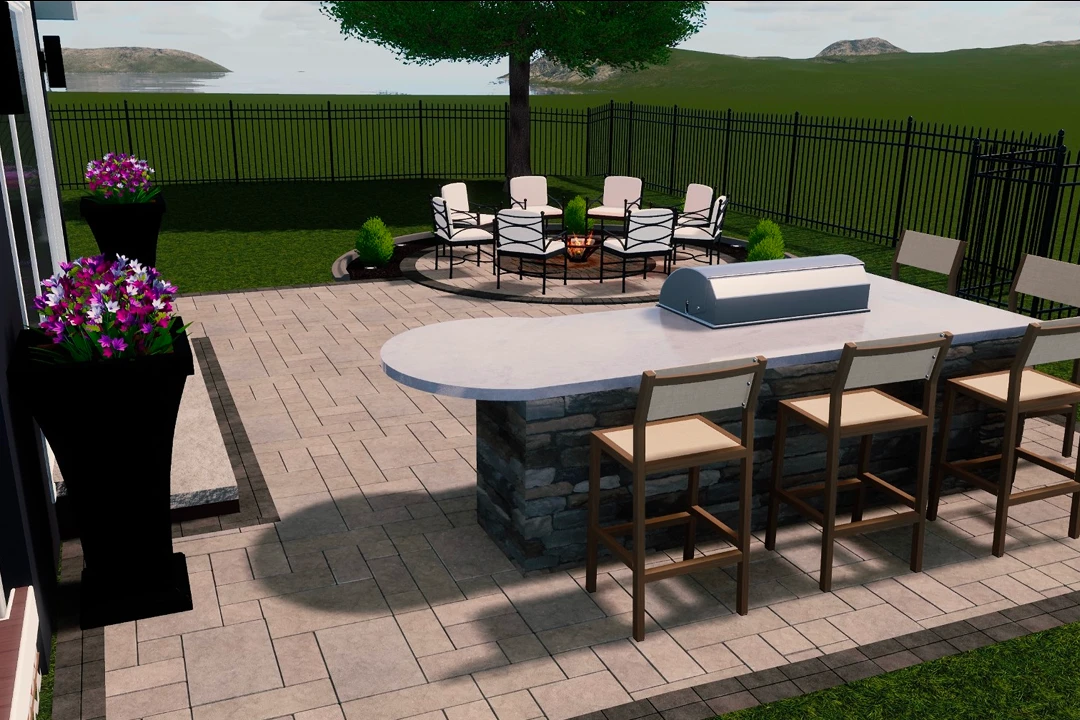 Outdoor patio with seating and grill area.
